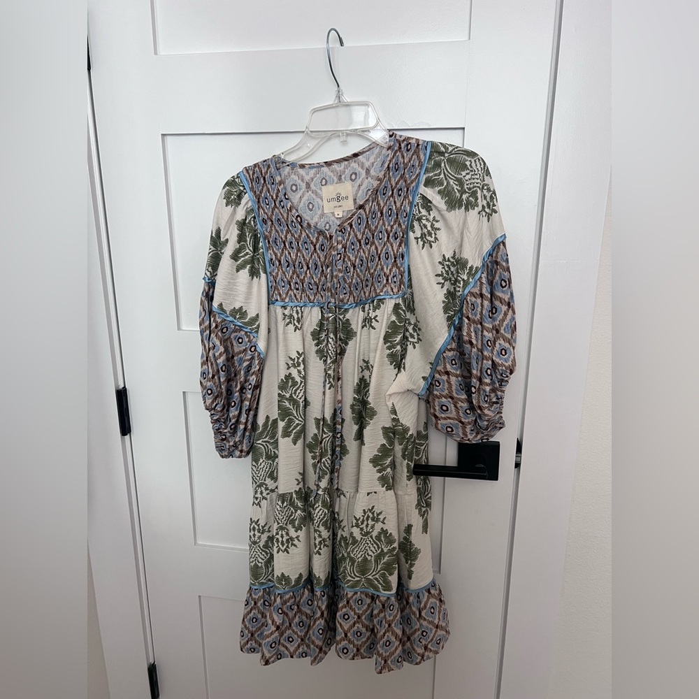 Umgee Women's Patterned Long Sleeve Dress - Green and Blue